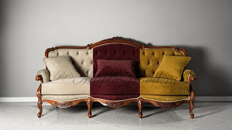 ▎Бордовый и горчичный — придают дивану статусность и яркость, при этом сохраняя его изящную классическую основу.